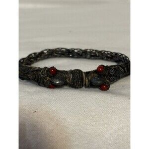 Antique Chinese Export Silver Double Dragon Filigree Bracelet Coral Screw Clasp
